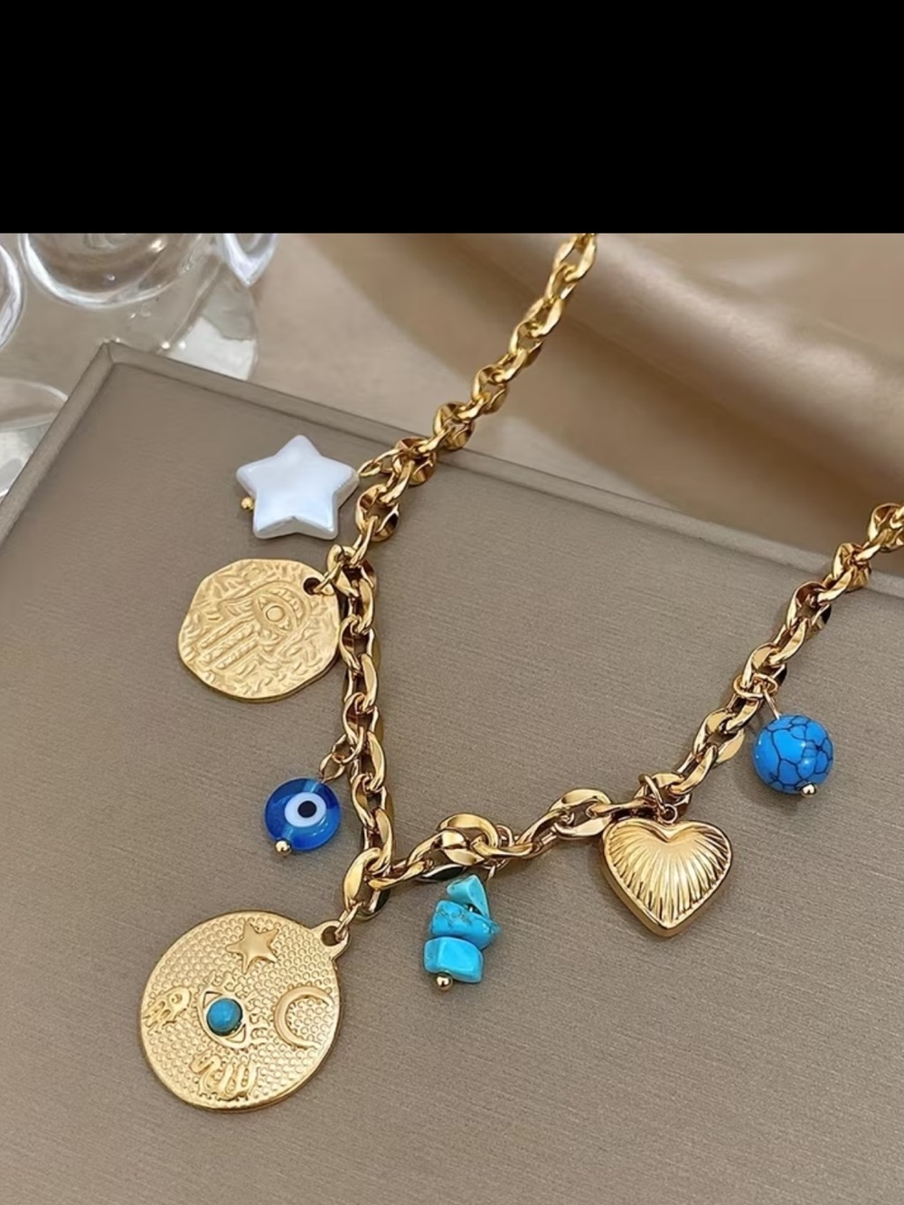 Gold-Tone Charm Necklace with Blue Turquoise Accents